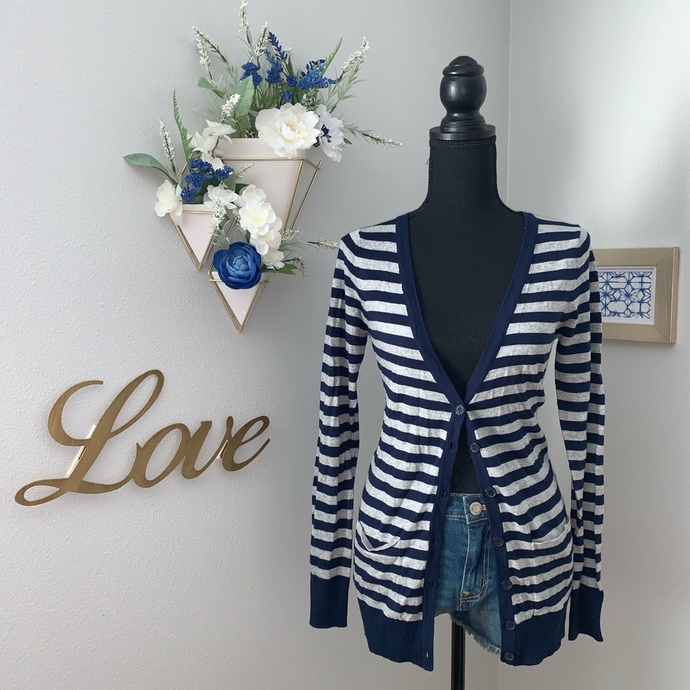 Navy Gray Striped Cardigan. New. Size S